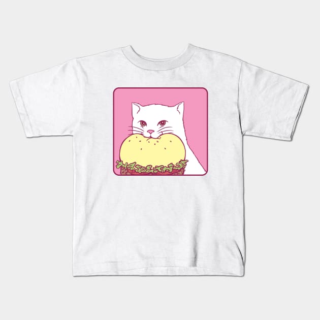 Kitty burger bite Kids T-Shirt by popcornpunk